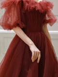A Line Formal Evening Dress Burgundy Off Shoulder Tulle Long Prom Dress