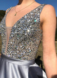 V Back Evening Dresses A Line Satin V Neck Beading Long Prom Dress