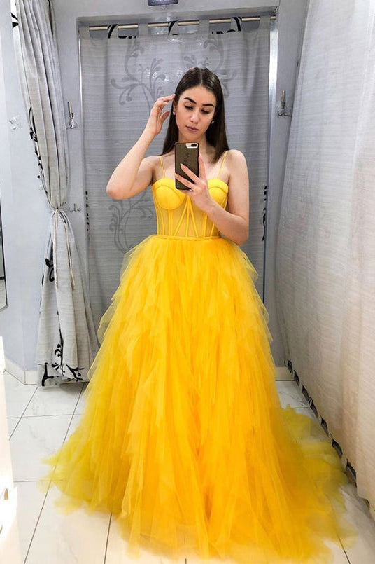A Line Yellow Ruffles Tulle Spaghetti Straps Evening Dress Long Prom Dress