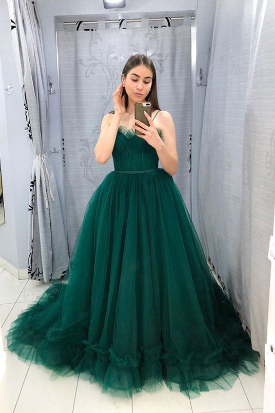 Spaghetti Straps Formal Evening Dress Green Ball Gown Tulle Long Prom Dress