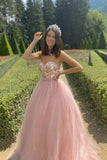 Formal Evening Dresses Pink Strapless A-Line Lace Top Tulle Long Prom Dresses