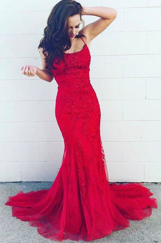 Spaghetti Straps  Evening Dress Mermaid Lace Appliques Red Long Prom Dress