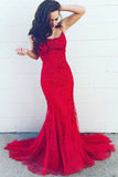 Spaghetti Straps  Evening Dress Mermaid Lace Appliques Red Long Prom Dress