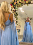 A Line Chiffon Beading Sky Blue Evening Dress Long Prom Dress