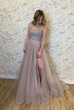 Spaghetti Straps Evening Dress A Line Stylish Tulle Beads Long Prom Dress With Slit