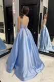 Formal Evening Dress A Line Spaghetti Straps Satin Blue Long Prom Dress