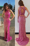 Keyhole Back Floor-length Fuchsia Glittering Two Piece  Split Side Cocktail Prom Dress