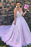 A Line Lace Appliques Tulle Gorgeous Backless Evening Dress Long Prom Dress