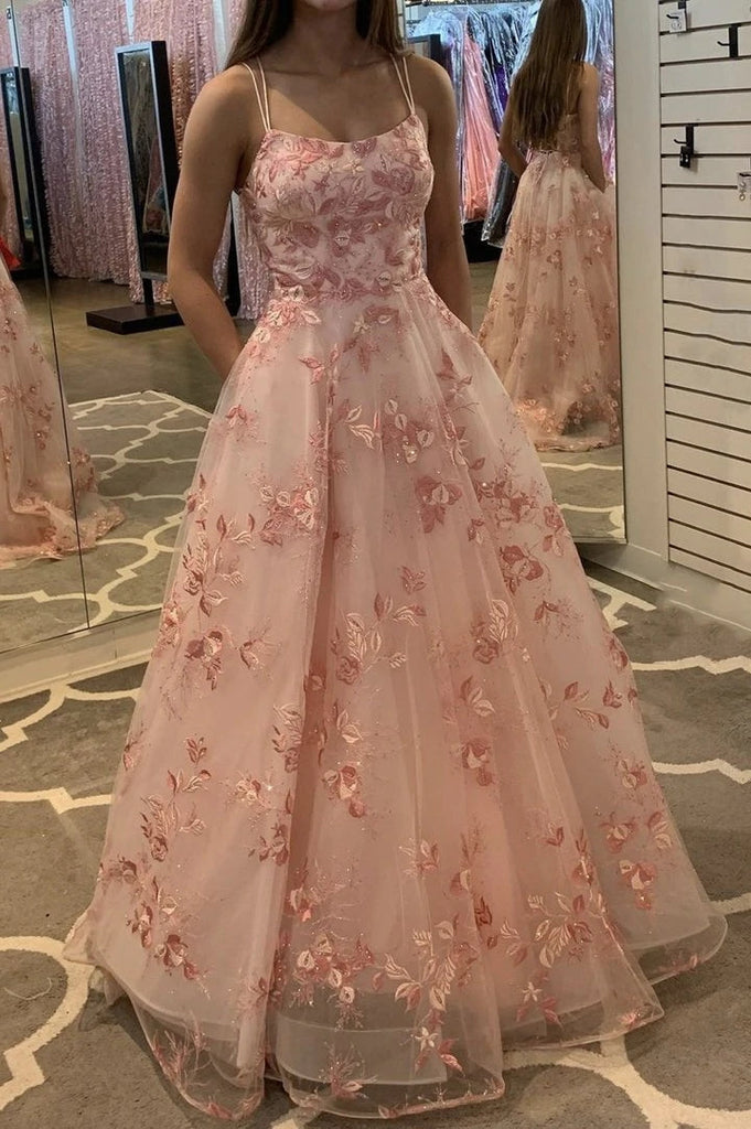 Pink Formal Evening Dress Lace Appliques  A Line Tulle Long Prom Dress