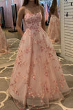 Pink Formal Evening Dress Lace Appliques  A Line Tulle Long Prom Dress