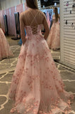Pink Formal Evening Dress Lace Appliques  A Line Tulle Long Prom Dress