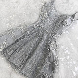 Homecoming Dresses A-Line Spaghetti Strap V-Neck Gray Sleeveless Lace Graduation Dresses