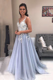 Appliqued Evening Dresses  Spaghetti Straps A Line Tulle Long Prom Dresses