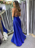 A-line Spaghetti Straps Slit Royal Blue Long Prom Dresses, Evening Gowns