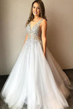 A Line Formal Party Dress Gray V-neck Beaded Tulle  Long Prom Dresses