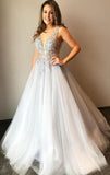 A Line Formal Party Dress Gray V-neck Beaded Tulle  Long Prom Dresses