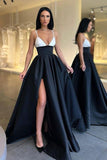 A-Line Satin Party Dress Black and White Spaghetti-Straps Prom Dress
