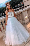 A Line Tulle Sparkly Beaded Formal Evening Dresses Strapless Long Prom Dresses