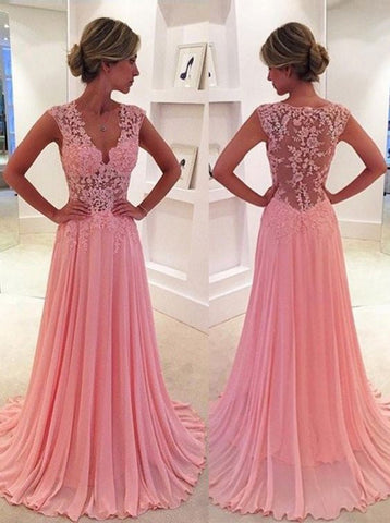 Top V Neck Long  Pink Chiffon Prom Dresses Sheer Lace Applique Elegant Evening Gowns