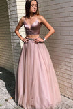 Beading Spaghetti Straps Pearl Pink A-Line Two Piece Sexy Tulle Prom Dresses