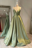 Simple A Line Spaghetti Green Straps Satin Long Prom Dresses