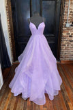Shiny A-Line Formal Evening Dresses Lilac Spaghetti Straps  Long Prom Dresses