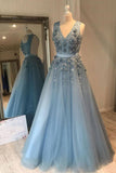 A Line V Neck Blue Evening Dress Tulle Flowers Beadied  Long Prom Dress