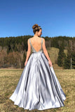 V Back Evening Dresses A Line Satin V Neck Beading Long Prom Dress