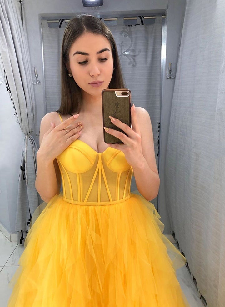 A Line Yellow Ruffles Tulle Spaghetti Straps Evening Dress Long Prom Dress