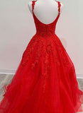 A Line Formal Evening Dress Red Tulle Lace Appliques Long Prom Dress