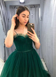 Spaghetti Straps Formal Evening Dress Green Ball Gown Tulle Long Prom Dress