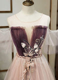 A Line Formal Evening Dress Tulle Unique Applique Long Prom Dress