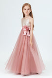 Spaghetti Strap Tulle Sequined Flower Girl Dress With Flower Bow