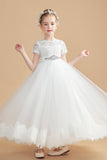 Short Sleeves Ivory Tulle Flower Girl Dresses With Beading