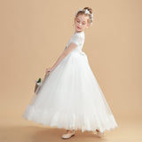 Short Sleeves Ivory Tulle Flower Girl Dresses With Beading