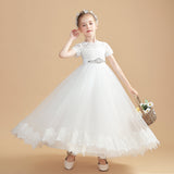 Short Sleeves Ivory Tulle Flower Girl Dresses With Beading