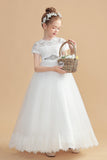 Short Sleeves Ivory Tulle Flower Girl Dresses With Beading