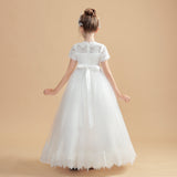 Short Sleeves Ivory Tulle Flower Girl Dresses With Beading