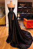 Chapel Trailing Black Spaghetti Strps Split Evening Prom Dress
