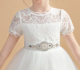 Short Sleeves Ivory Tulle Flower Girl Dresses With Beading