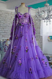 A Line Long Tahiti Tulle Layered Evening Dress Prom Dress With Flowers