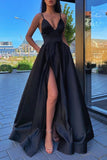 Black Satin Formal Evening Dress With Pockets A Line V Neck Long Prom Dresses