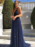 Shiny A-line Deep V-neck Sequins Evening Gowns, Prom Dresses
