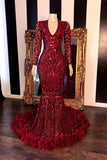 Burgundy V Neck Long Sleeves Mermaid Prom Dress Feather With Sequins