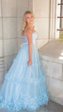 A Line Formal Evening Dresses  Sky Blue Tulle Princess Long Prom Dresses