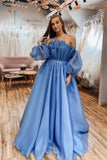 A Line Long Sleeves Strapless Formal Evening Dress Blue Organza Prom Dress