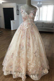 A Line Round Neck Long Charming Floral Appliques Prom Dresses