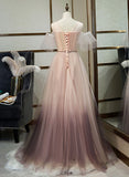 A Line Formal Evening Dress Tulle Unique Applique Long Prom Dress