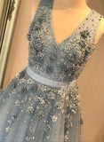 A Line V Neck Blue Evening Dress Tulle Flowers Beadied  Long Prom Dress