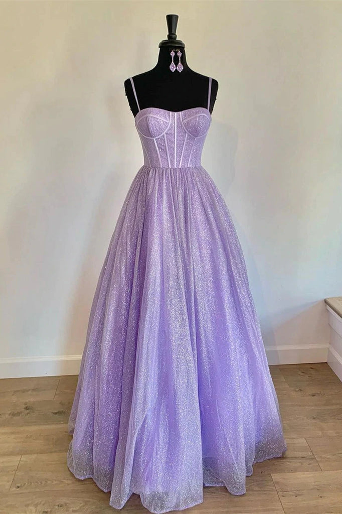 Lilac Sequin Spaghetti Straps Sparkly Evening Dress A Line Prom Dresses